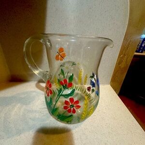 Vintage Hand Blown Pitcher Hand Painted Flowers Bee Cottage Core 10cups
